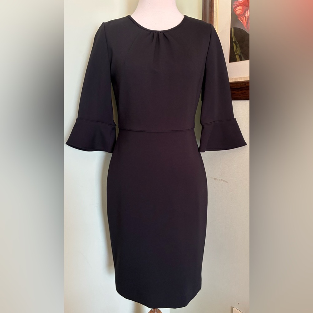 J Crew Black Ponte Knit 3/4 Bell Sleeve Sheath Dress Women's Size 2 - Picture 2 of 6